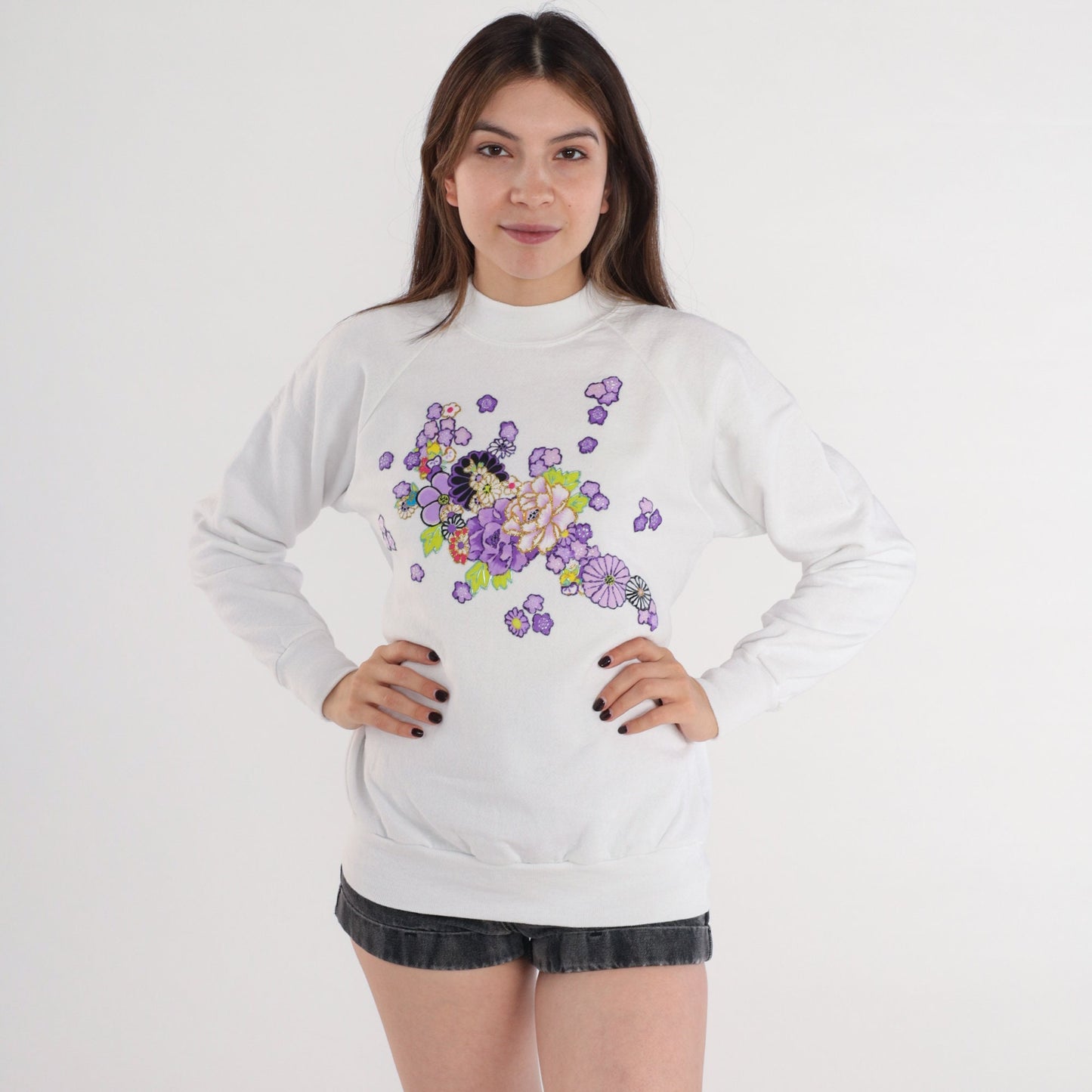 90s Oneita White Raglan Sweatshirt Purple Floral Glitter Graphic Medium