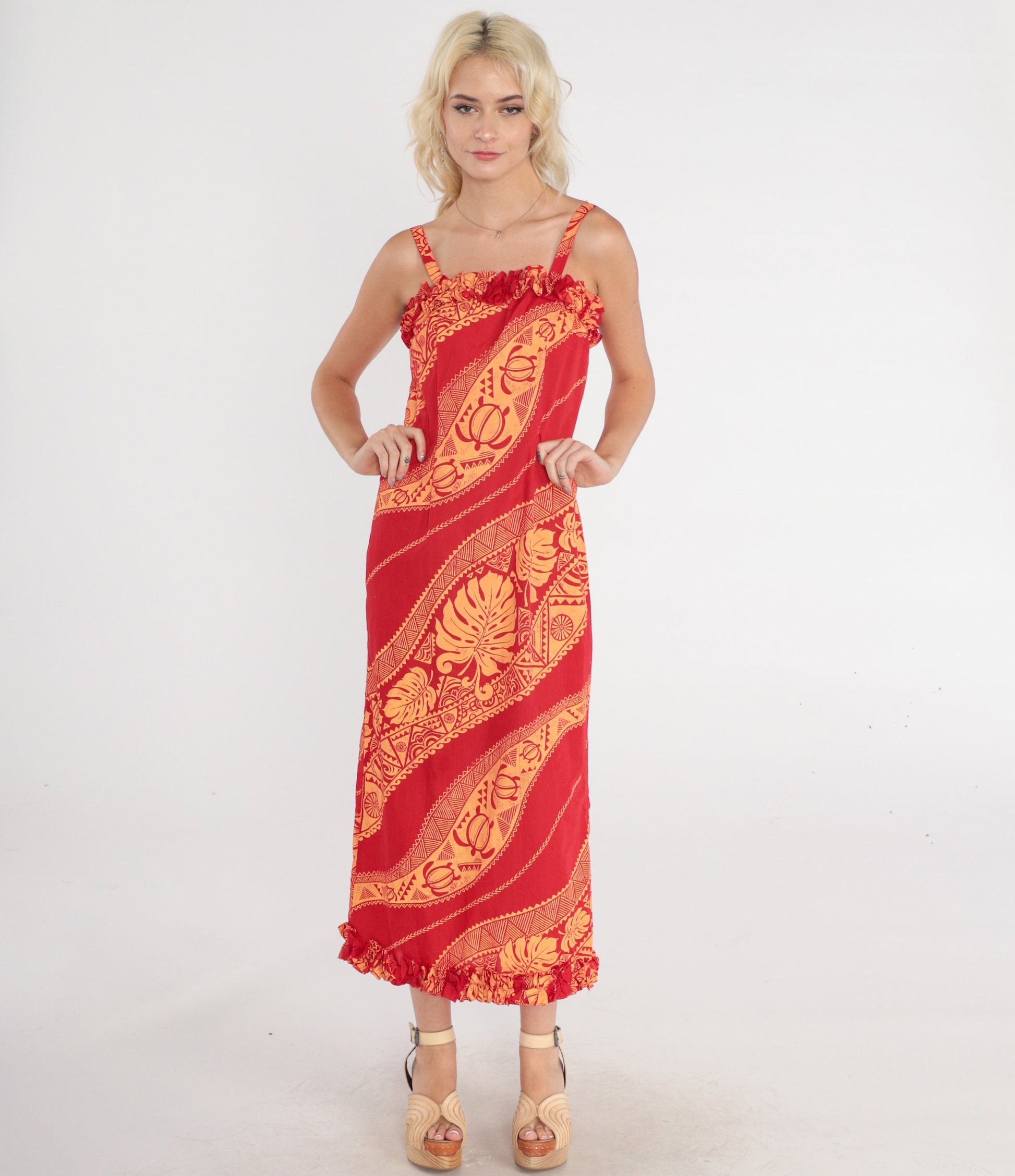 90s Hawaiian Sun Dress Maxi Sea Turtle Print Red Tropical Sundress XS