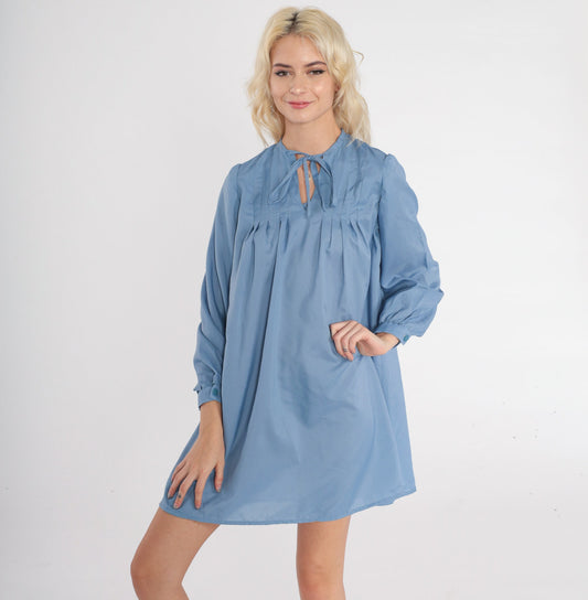 70s Blue Mini Dress Keyhole Tie Neck Long Sleeve Tent Cut Medium