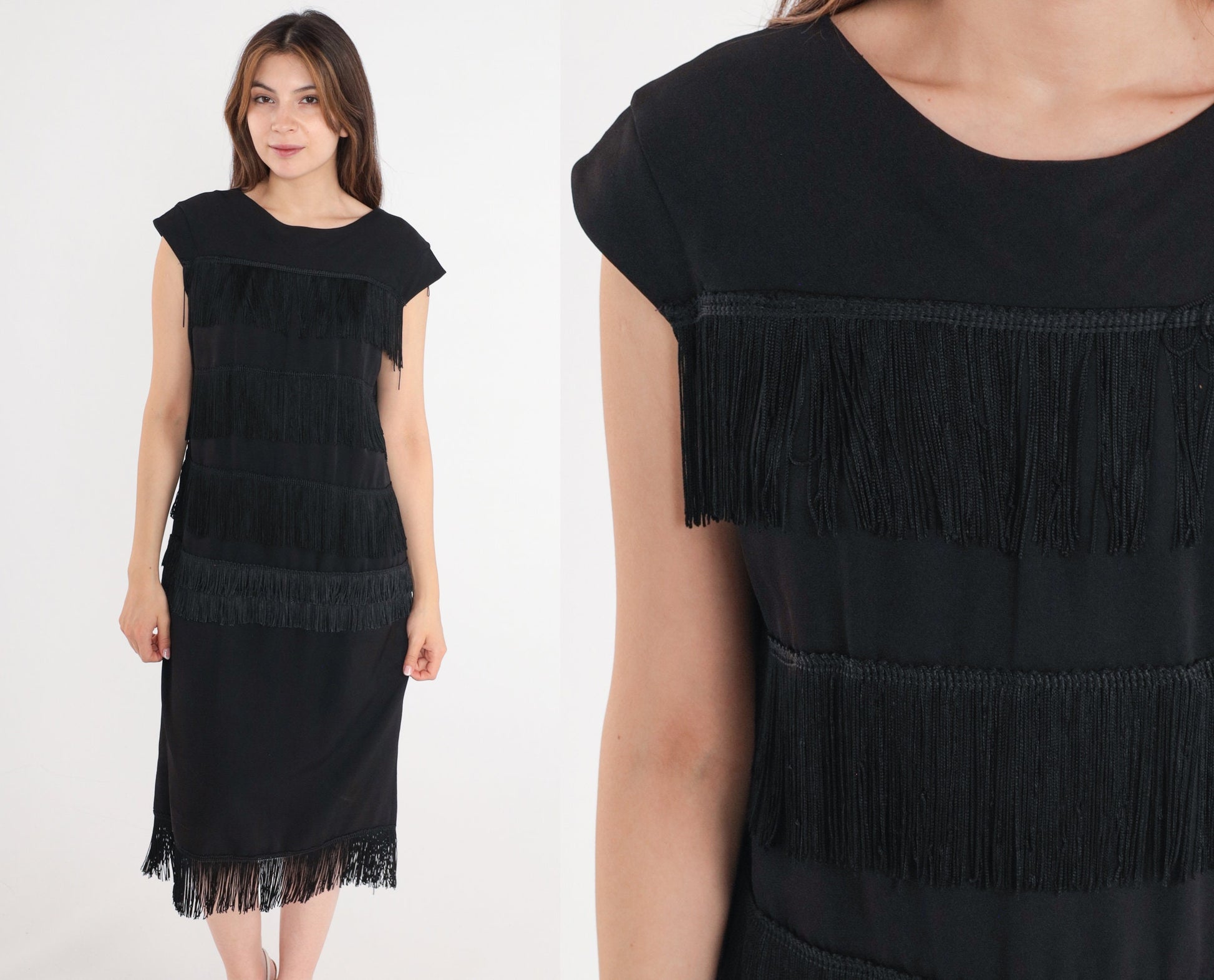 60s Black Fringe Shift Dress Cap Sleeve Cocktail Midi Medium