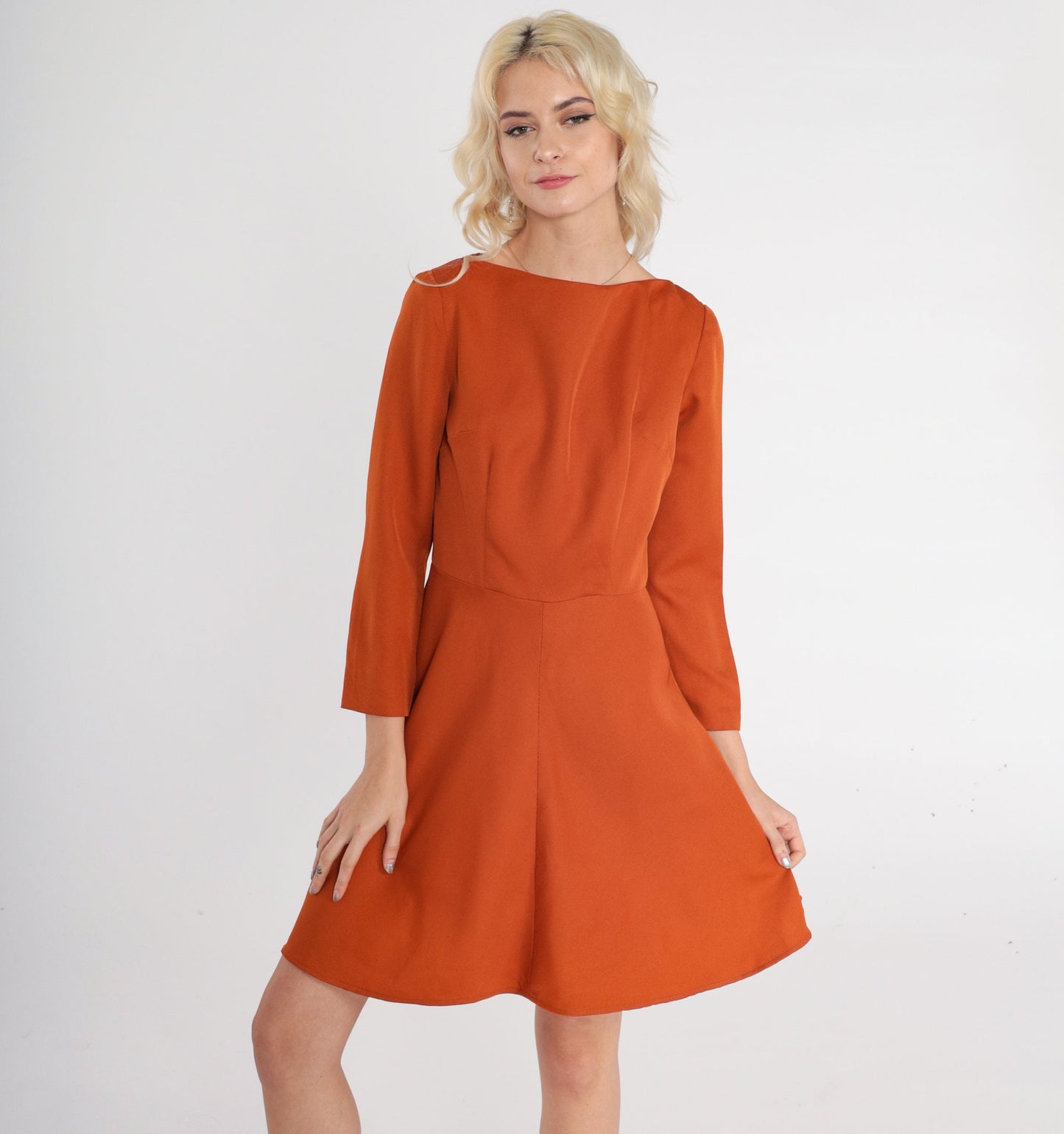 70s Burnt Orange Mini Dress Boat Neck Long Sleeve Flared Small
