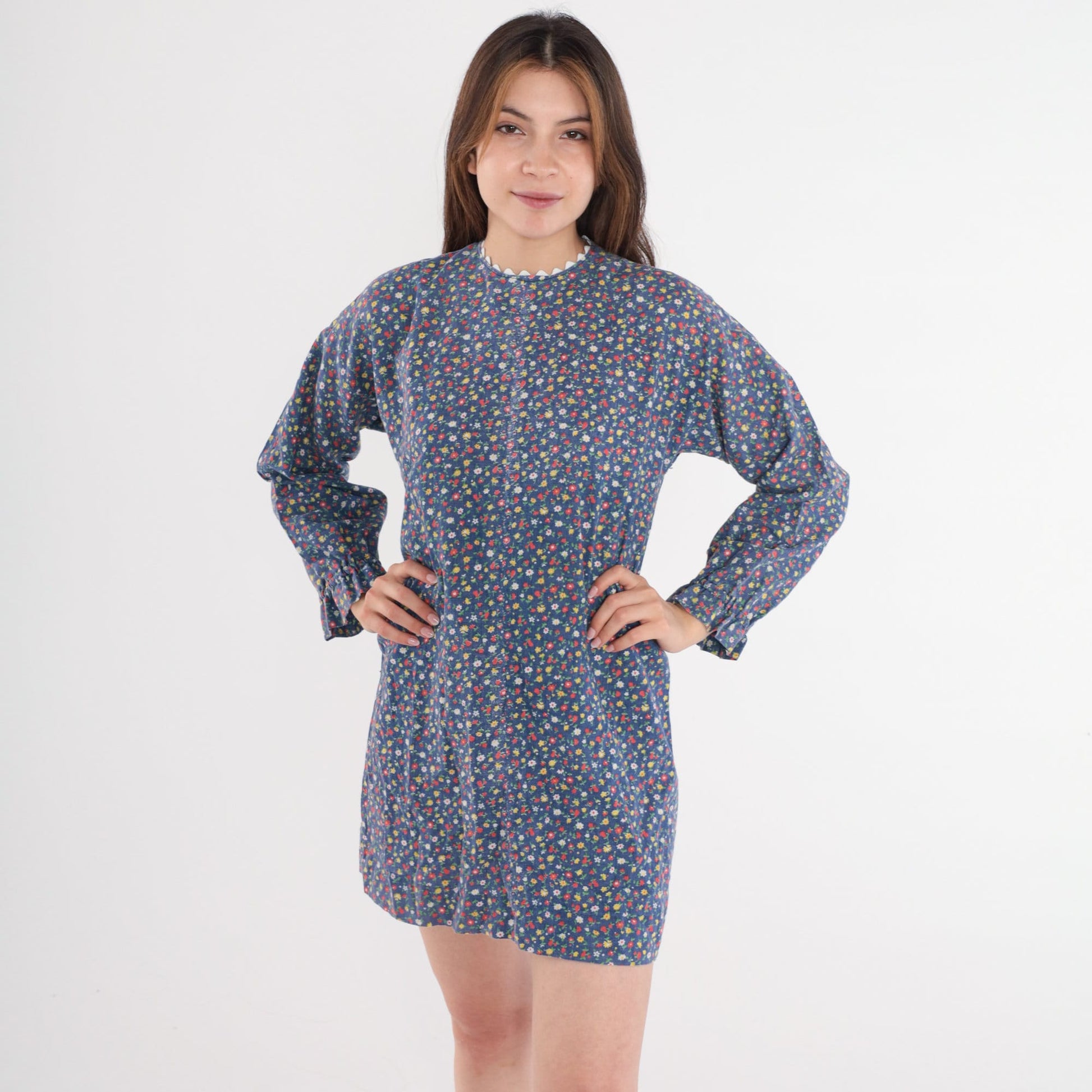 70s Blue Floral Calico Mini Shift Dress Long Sleeve β Shopexile