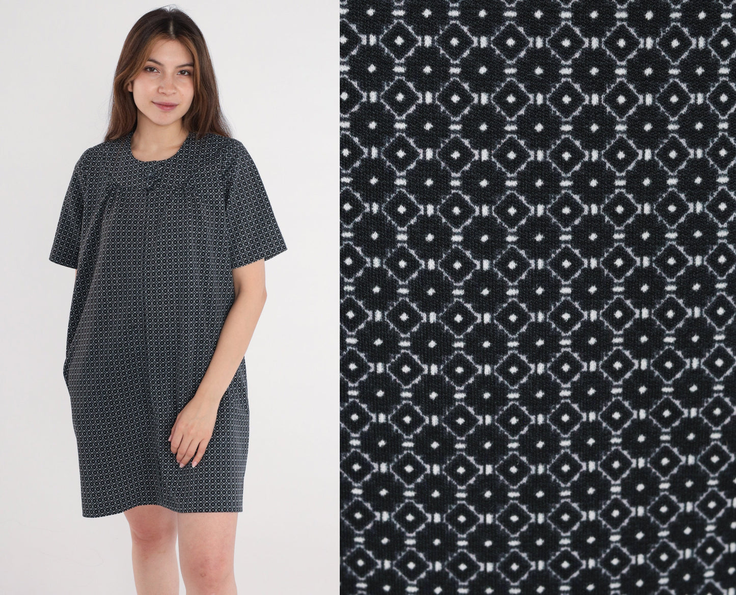 60s Mod Mini Dress Geometric Print Black White Front Zip Shift Medium