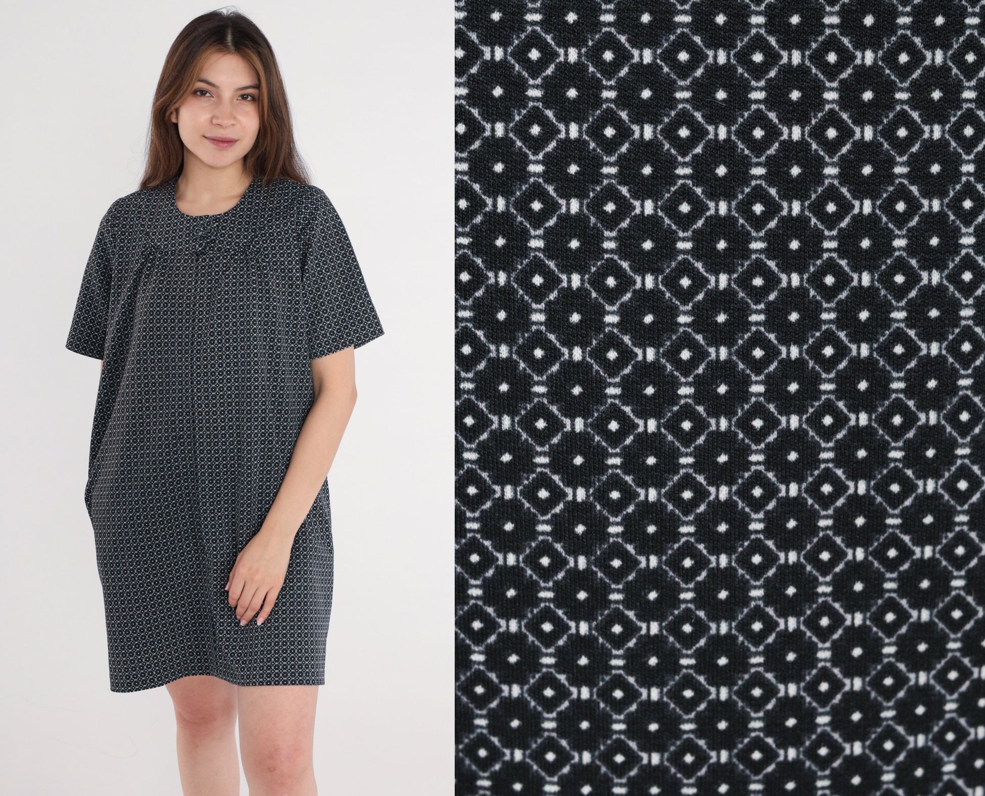60s Mod Mini Dress Geometric Print Black White Front Zip Shift Medium