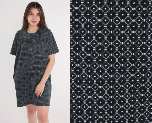 60s Mod Mini Dress Geometric Print Black White Front Zip Shift Medium