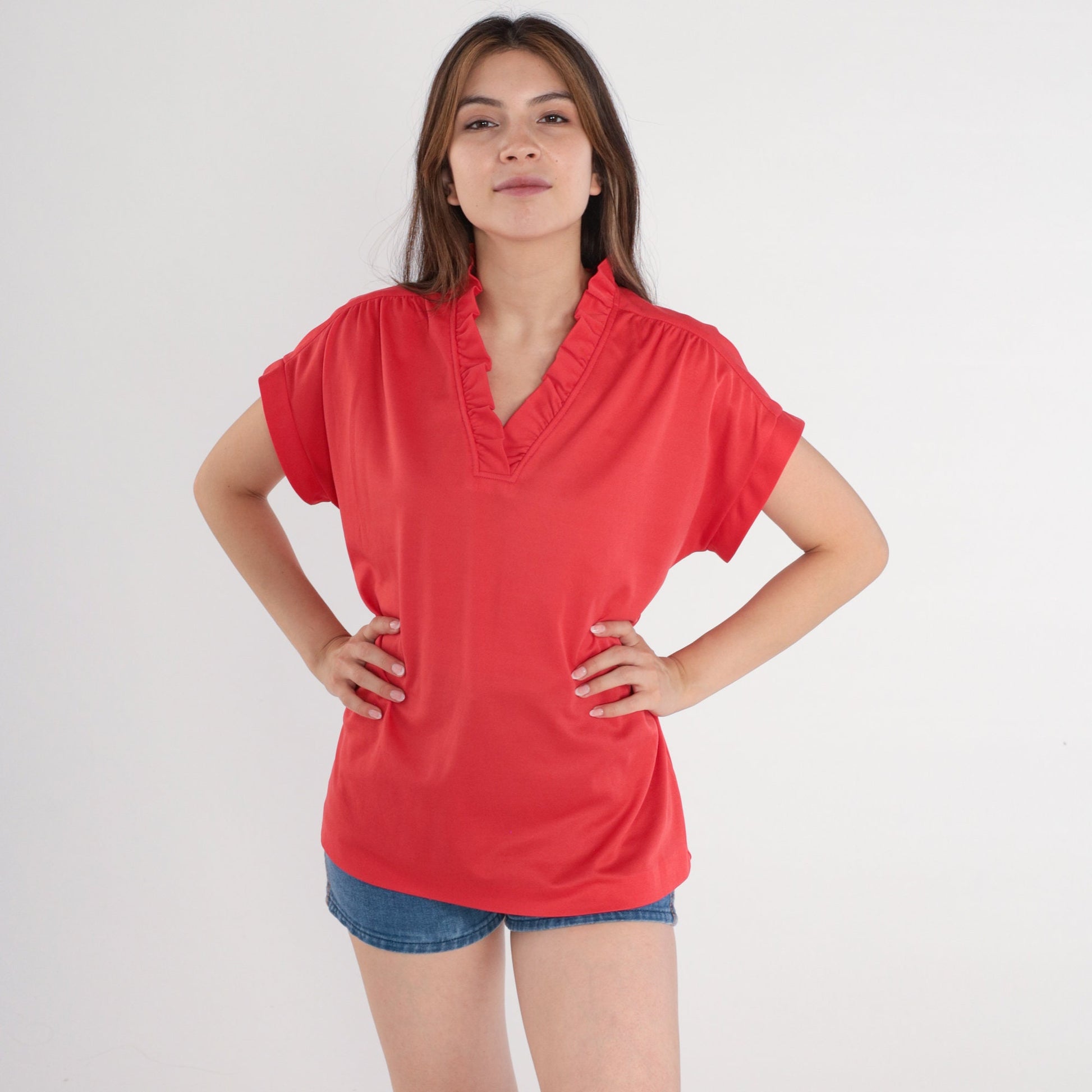 70s Red Blouse Ruffled V Neck Cap Sleeve Disco Shirt Large L