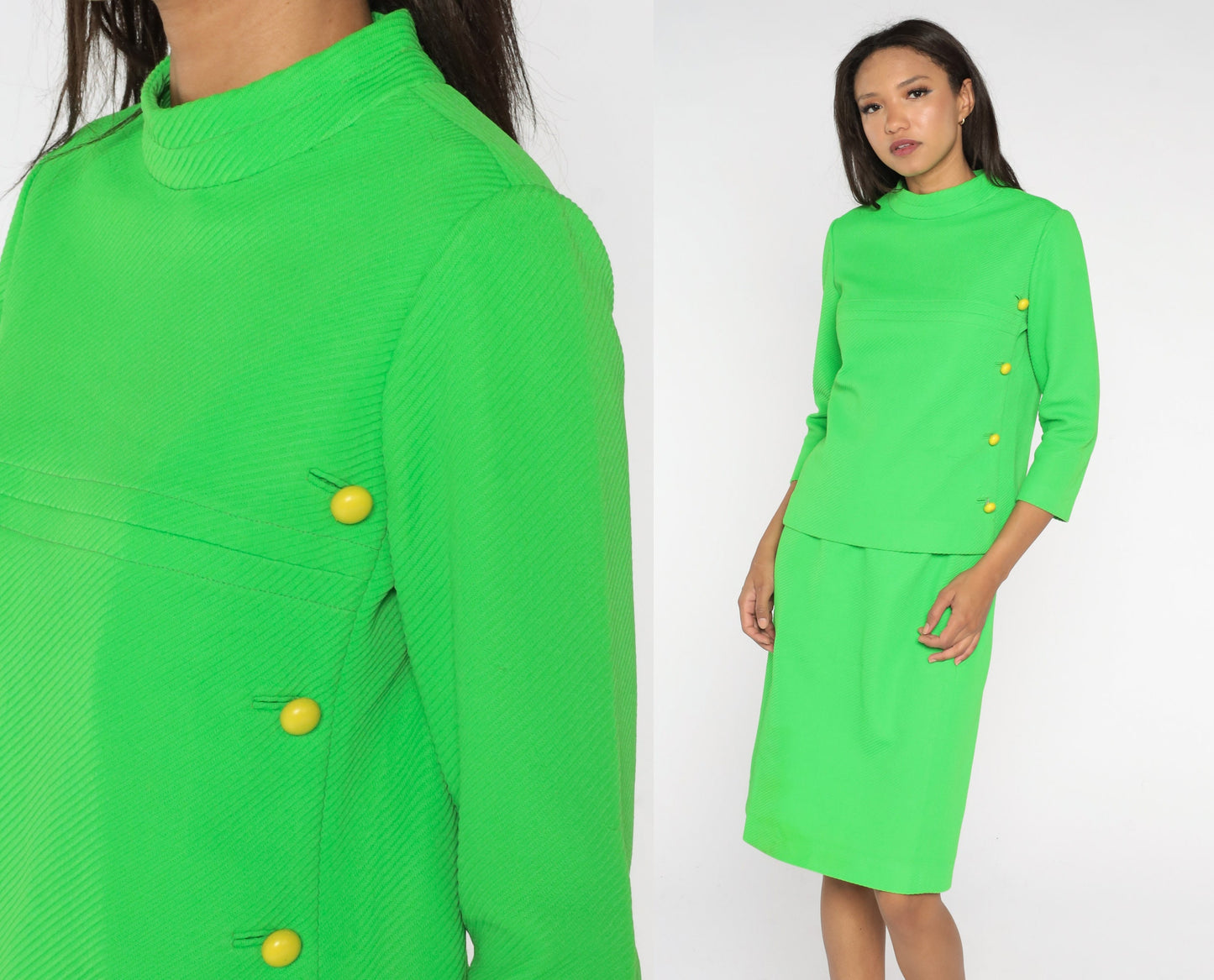 60s Neon Lime Green Mod Two Piece Dress Suit Cowl Neck Top Pencil Skirt Small