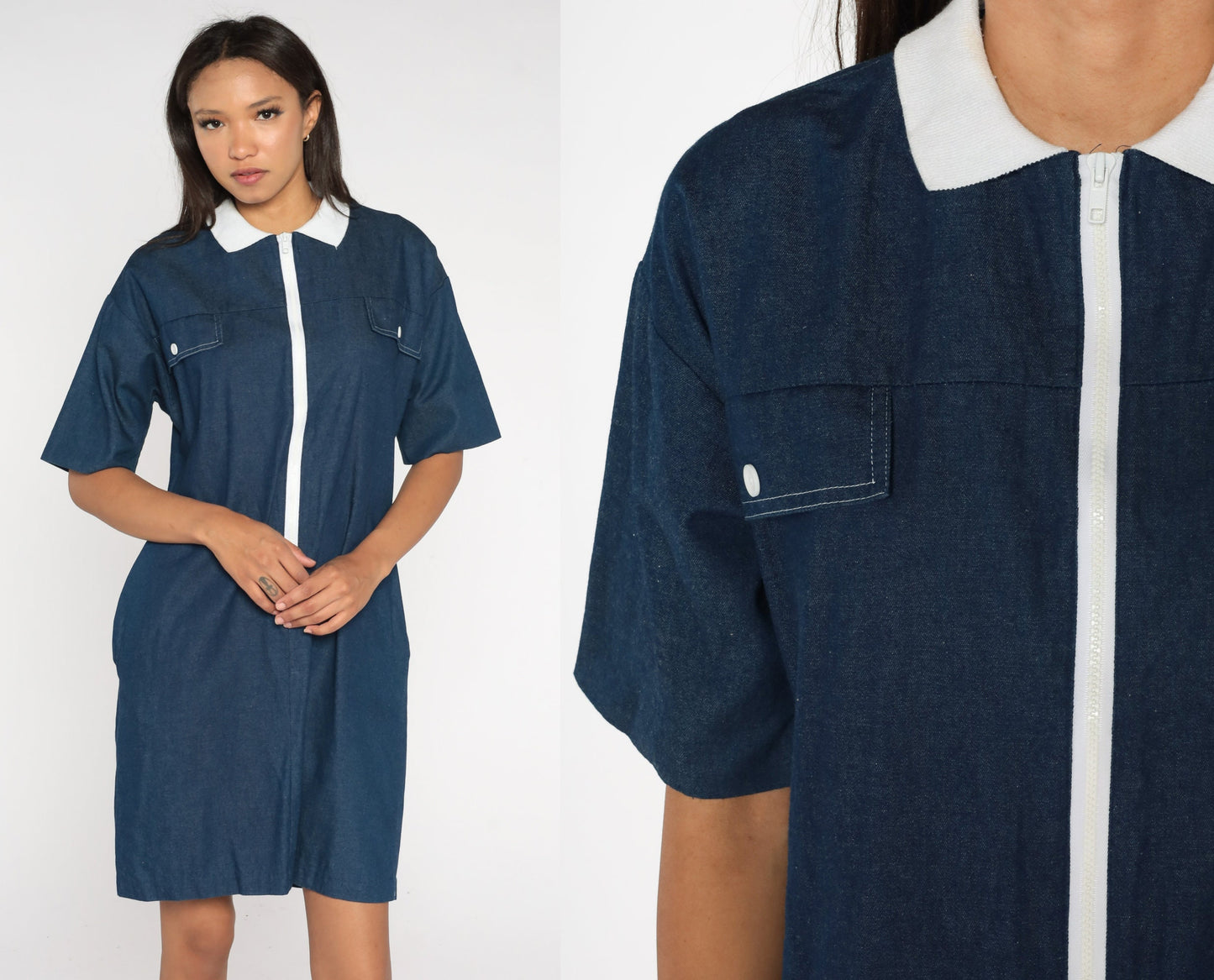 80s Dark Blue Chambray Shift Dress White Collar Front Zip Mini Medium