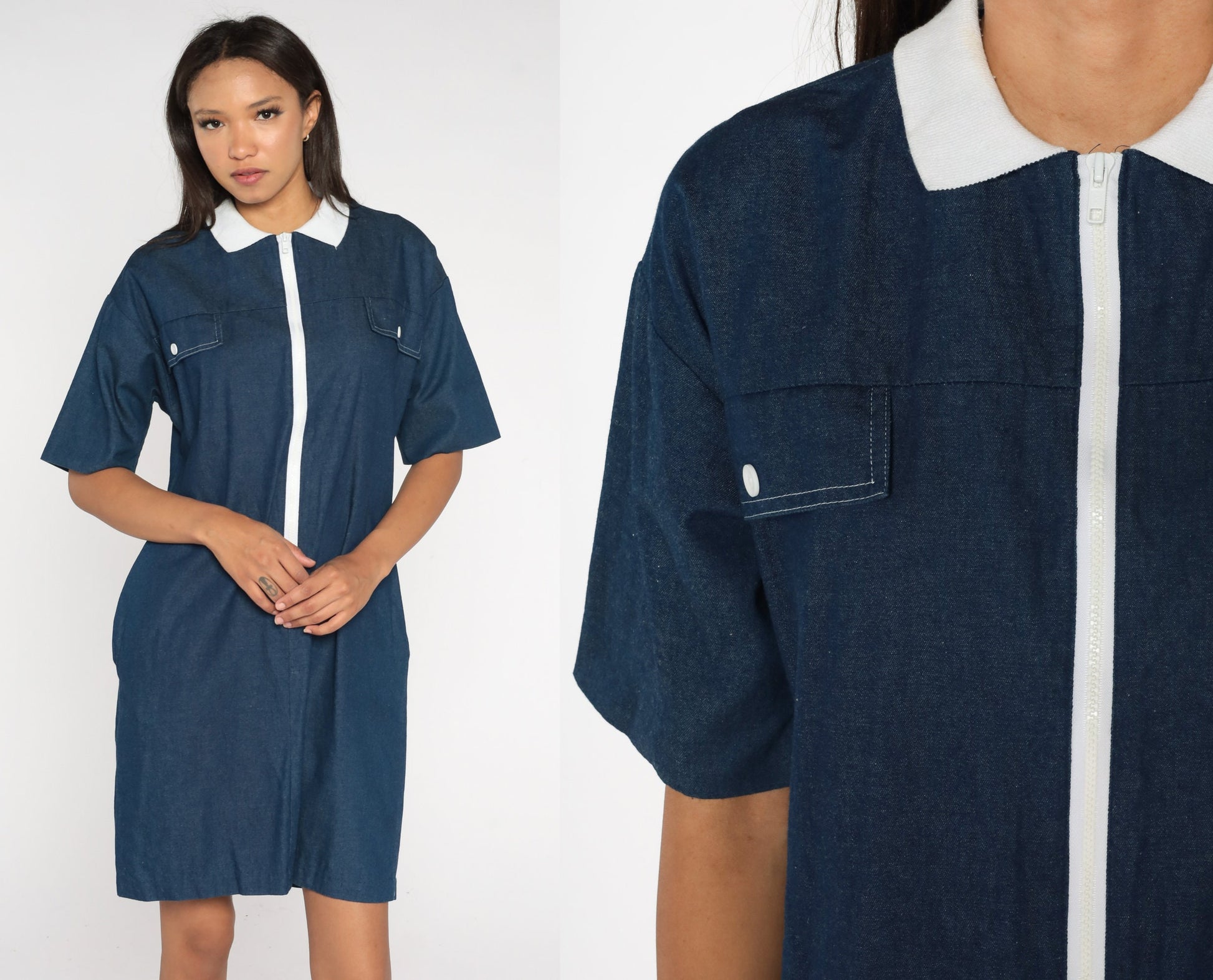 80s Dark Blue Chambray Shift Dress White Collar Front Zip Mini Medium