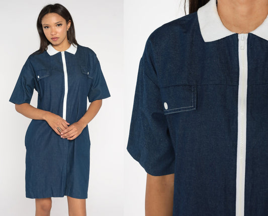 80s Dark Blue Chambray Shift Dress White Collar Front Zip Mini Medium