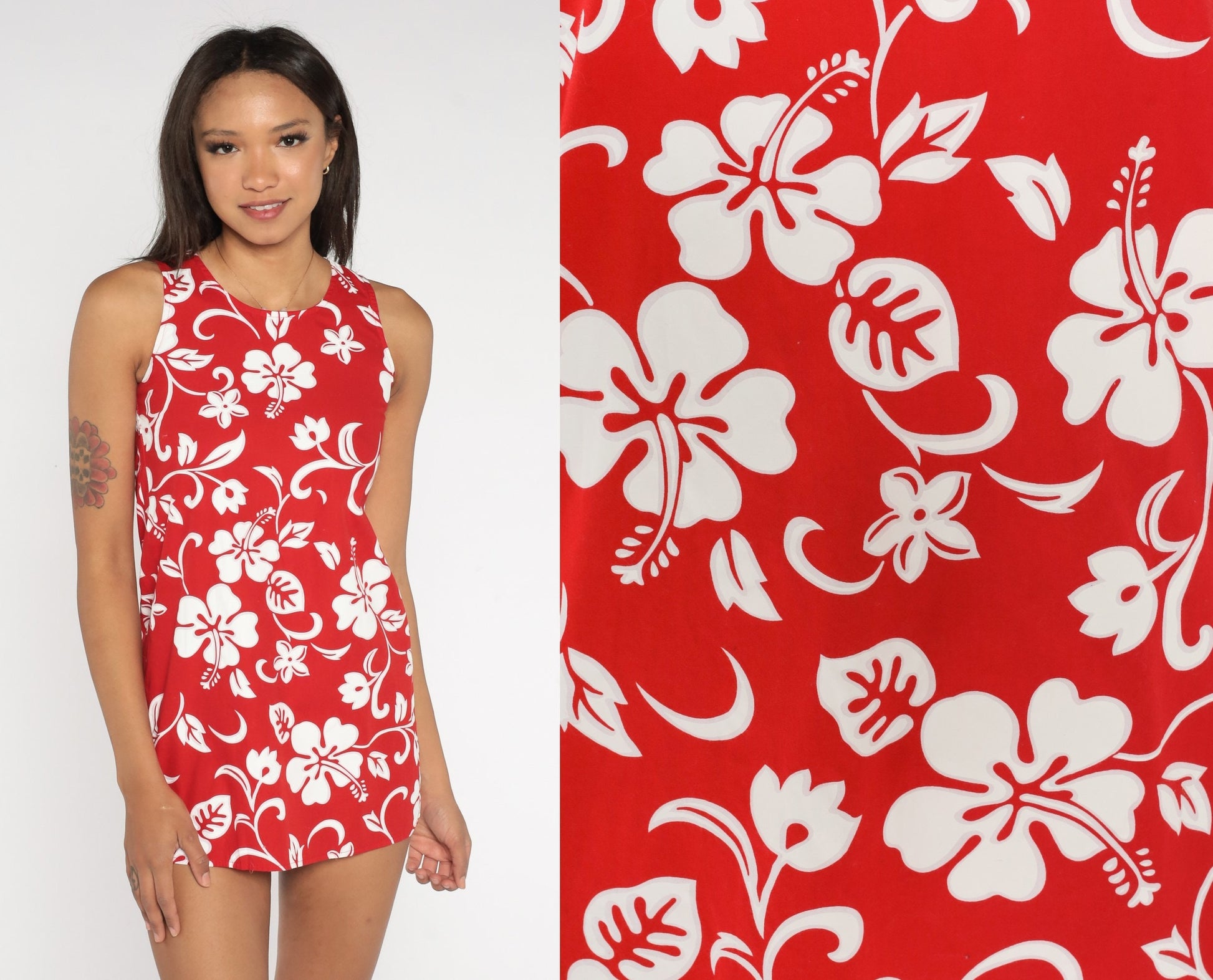 90s RJC Tropical Floral Micro Mini Shift Dress Red White 2XS