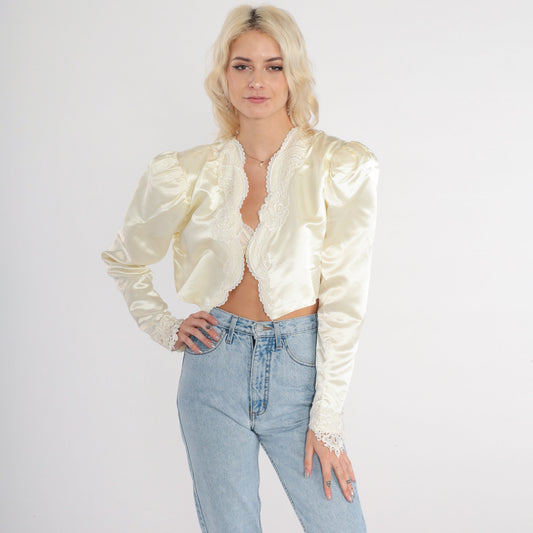 80s Jessica McClintock Cream Satin Cropped Jacket Puff Sleeve Lace Trim Extra Small