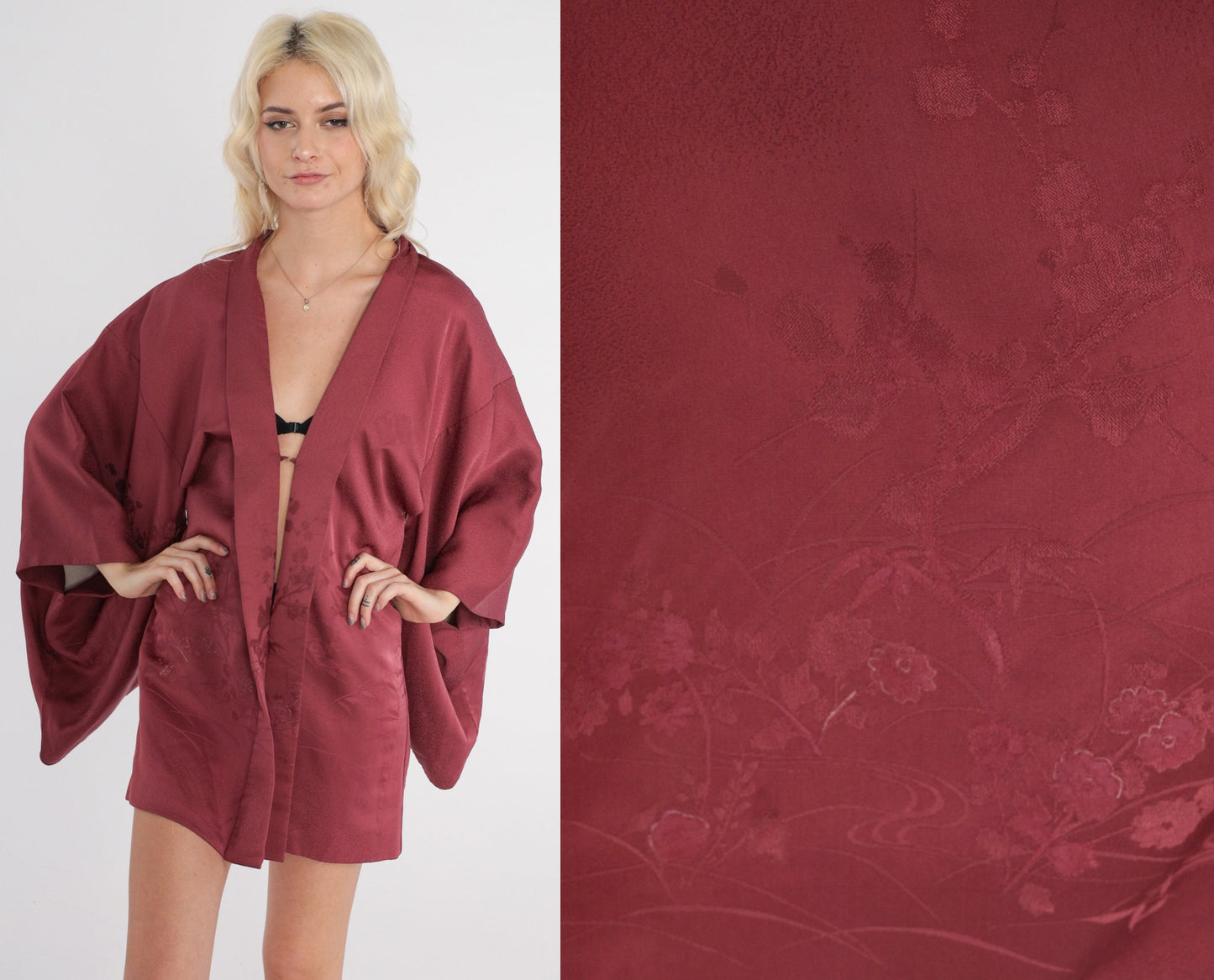 70s Berry Silk Kimono Jacket Floral Embossed Open Front Small