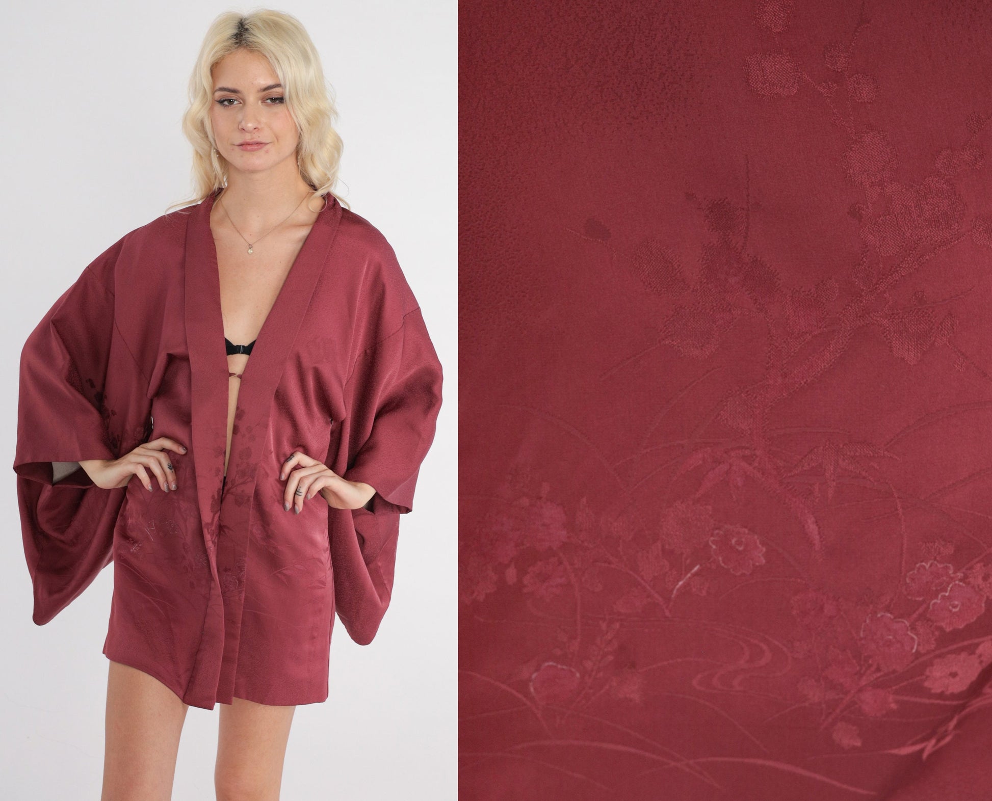 70s Berry Silk Kimono Jacket Floral Embossed Open Front Small