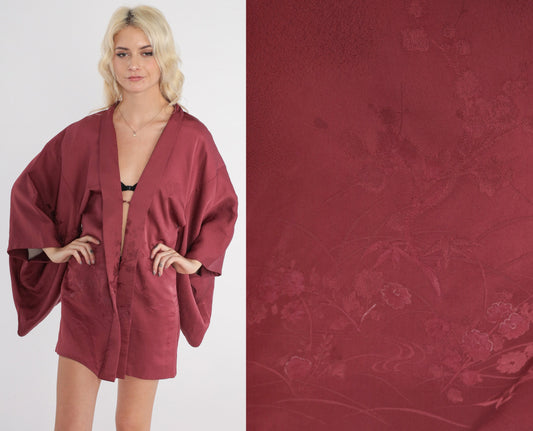 70s Berry Silk Kimono Jacket Floral Embossed Open Front Small