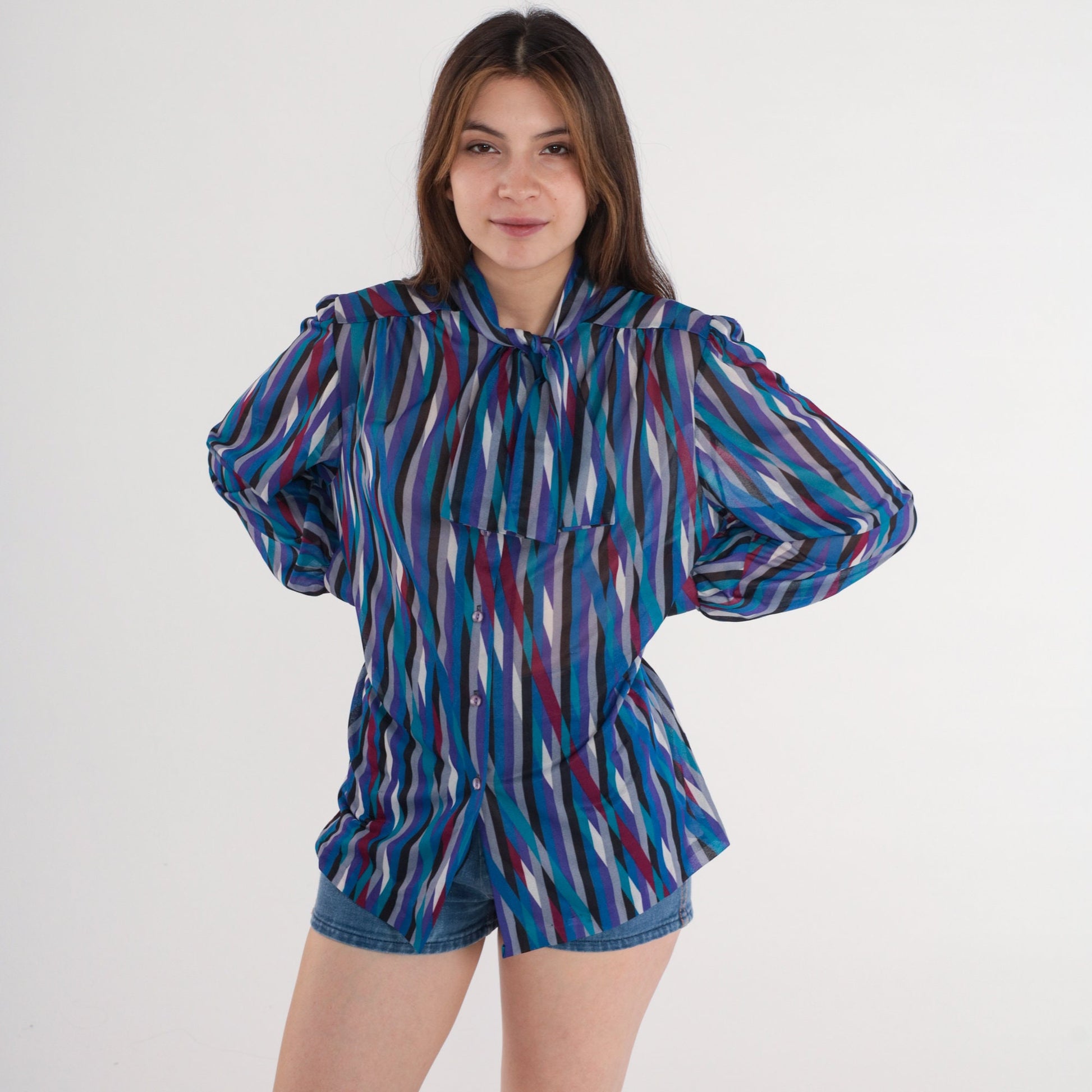 70s Striped Ascot Blouse Purple Blue Necktie Secretary Top Medium