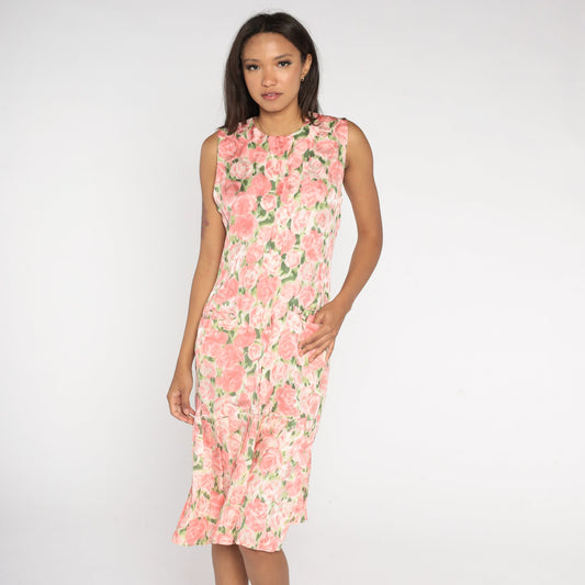 Y2K Maggie London Silk Floral Midi Dress Pink Green Sleeveless Small 6
