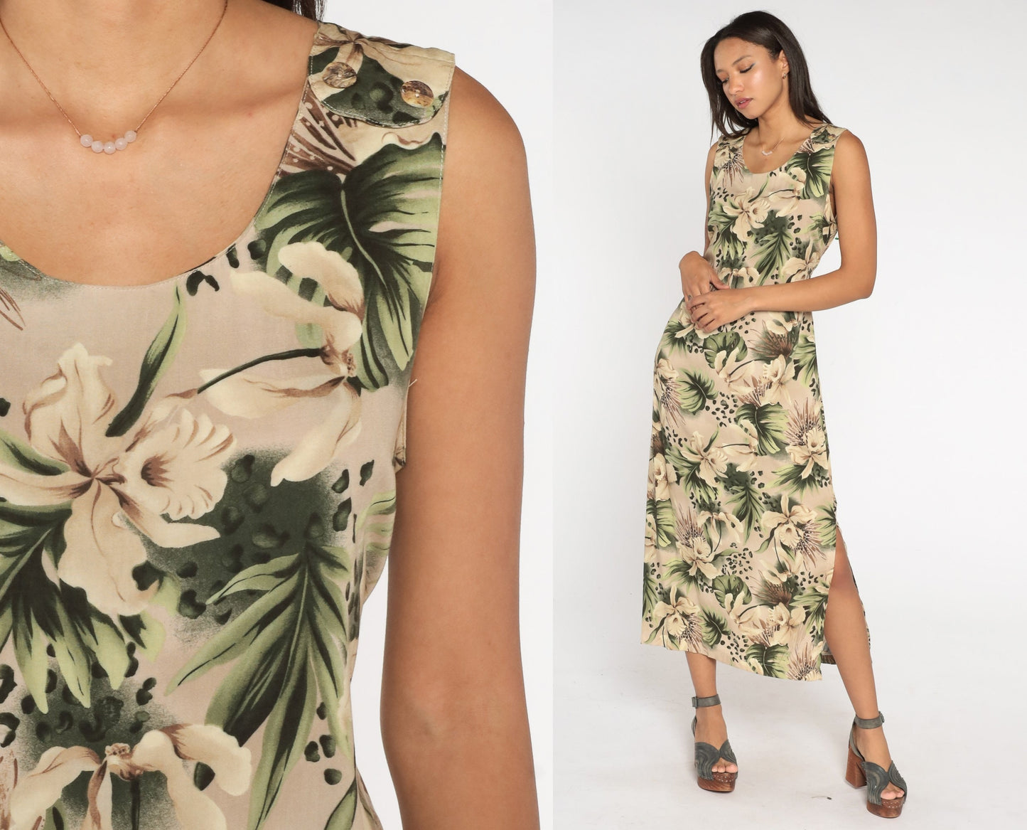 90s Tropical Floral Leopard Print Maxi Dress Taupe Sleeveless Ankle Length Large
