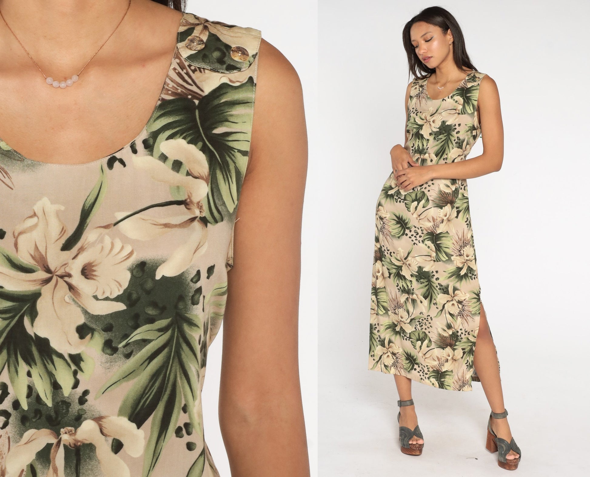 90s Tropical Floral Leopard Print Maxi Dress Taupe Sleeveless Ankle Length Large