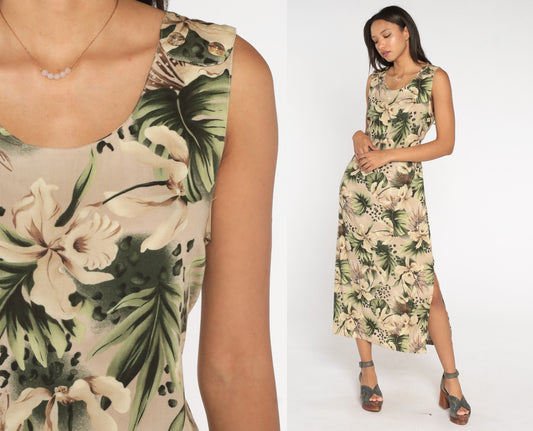 90s Tropical Floral Leopard Print Maxi Dress Taupe Sleeveless Ankle Length Large