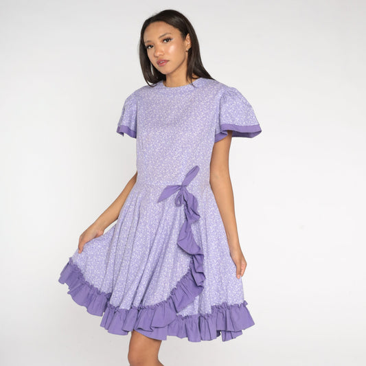 80s Purple Calico Floral High-Waist Midi Dress Puff Sleeve Medium