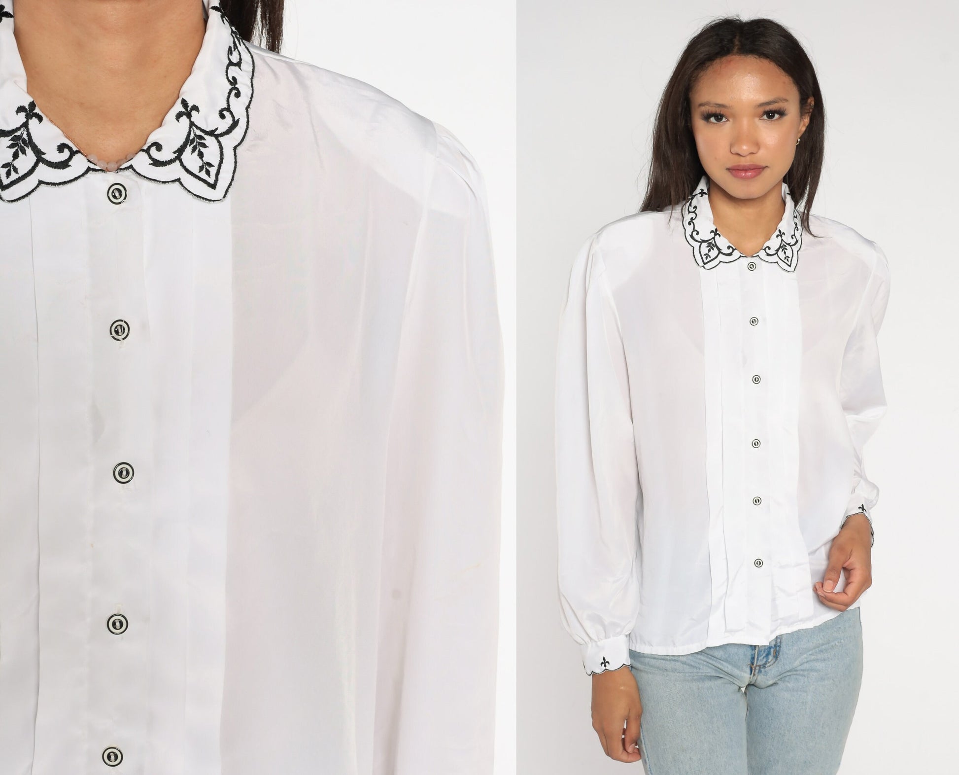 80s White Puff Sleeve Blouse Embroidered Collar Button-Up Shirt Large