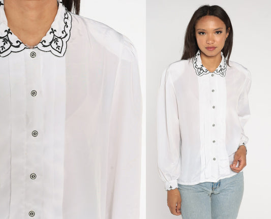 80s White Puff Sleeve Blouse Embroidered Collar Button-Up Shirt Large