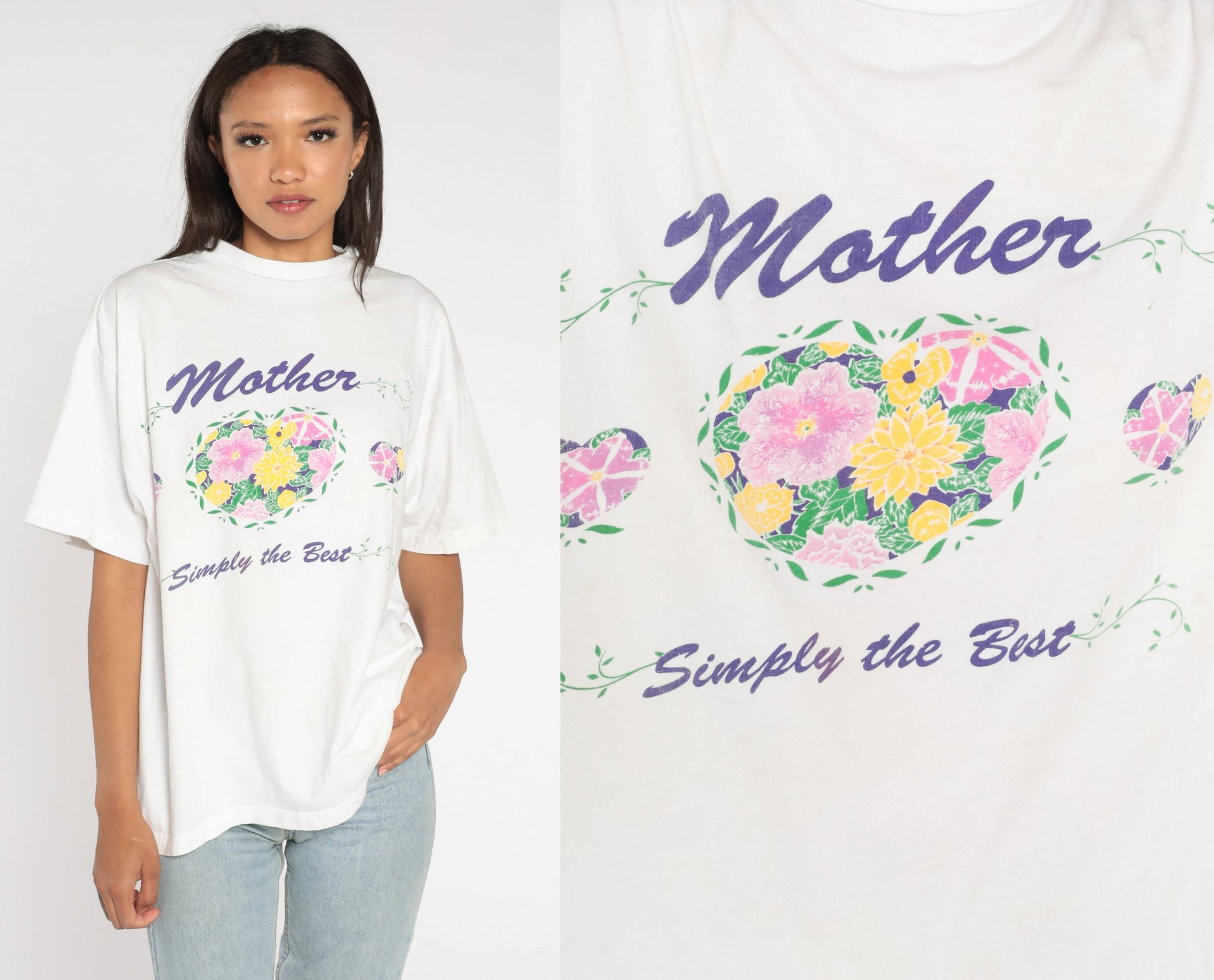 90s Mother Simply The Best Graphic T-Shirt Floral Print White Cotton Extra Large