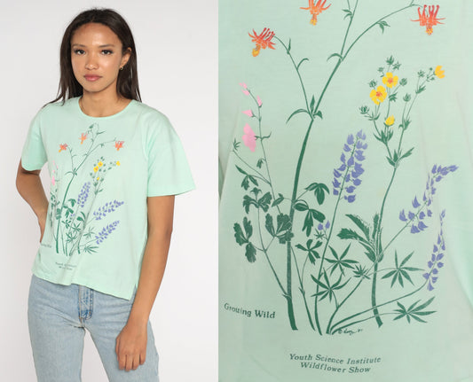 90s Youth Science Institute Wildflower Graphic T-Shirt Green Single Stitch Medium