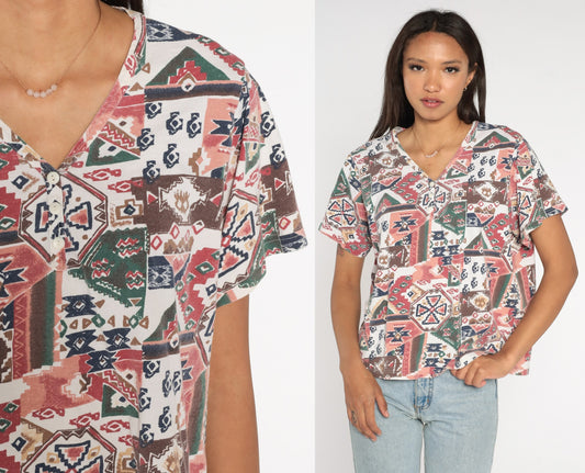 90s Southwestern Aztec Henley T-Shirt Geometric Print Pink Brown Red Large L