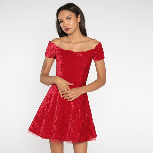 80s Red Velvet Mini Dress Off-Shoulder Scalloped Fit Flare Extra Small