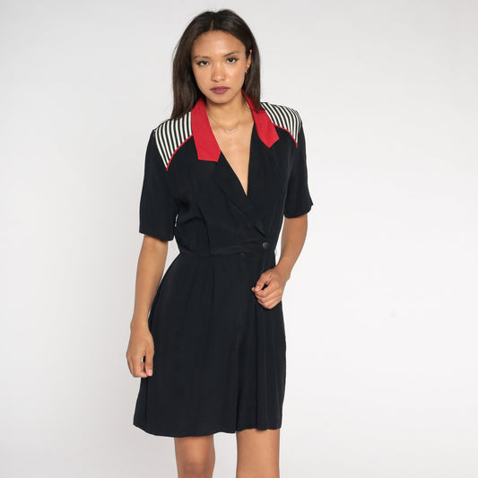 90s Black Striped Wrap V-Neck Romper Red White Trim Short Sleeve Small S
