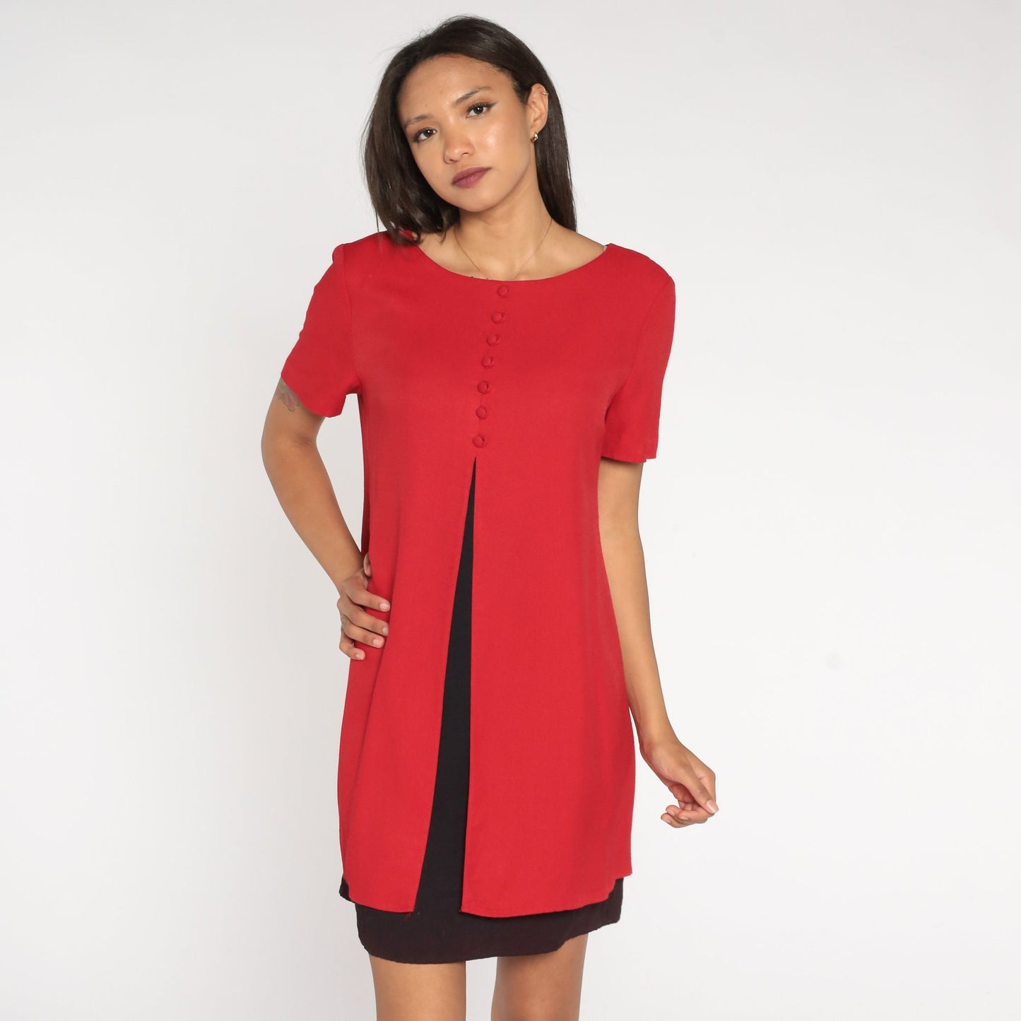 80s Jessica Howard Mini Dress Red Black Layered Button Up Short Sleeve Medium