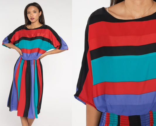 80s Striped Midi Dress Dolman Sleeve High Waist Red Purple Turquoise Medium