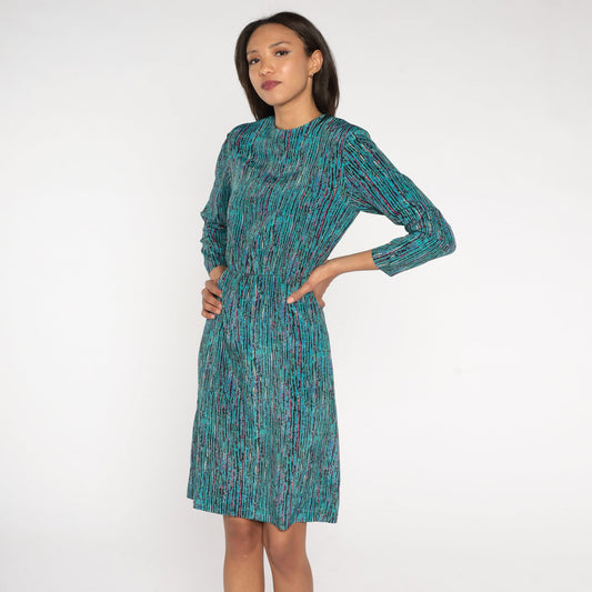 80s Turquoise Striped Midi Dress High Waist Long Sleeve Small S