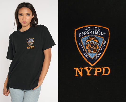 90s NYPD Embroidered T-Shirt New York City Police Graphic Tee Black Cotton Large