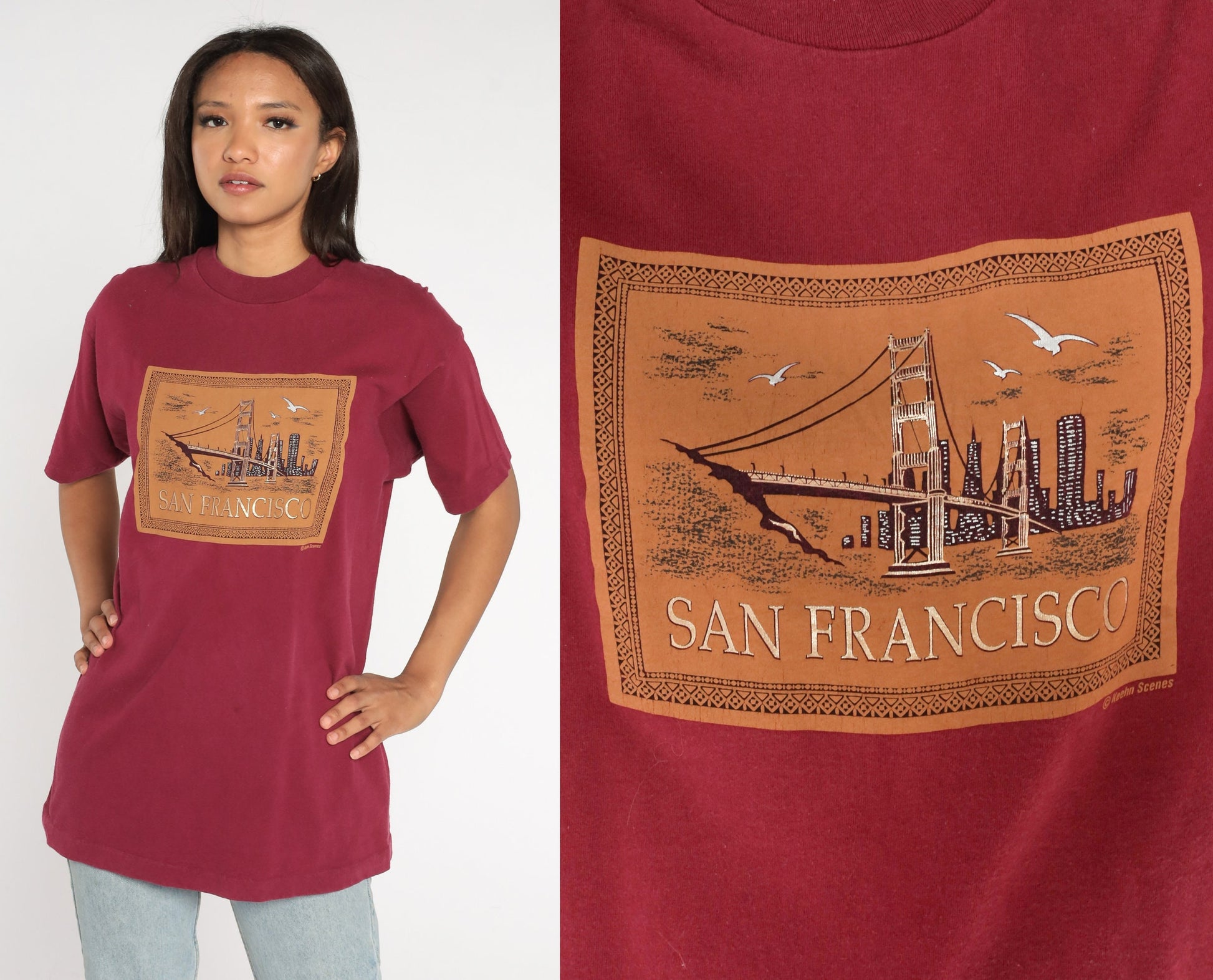 90s San Francisco Golden Gate Bridge Metallic Gold Graphic Tee Burgundy Medium