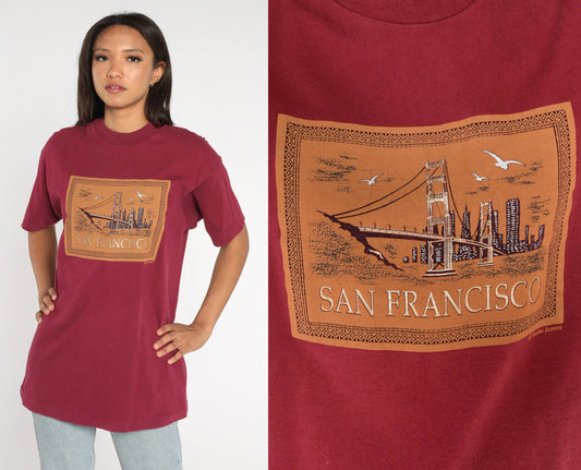 90s San Francisco Golden Gate Bridge Metallic Gold Graphic Tee Burgundy Medium