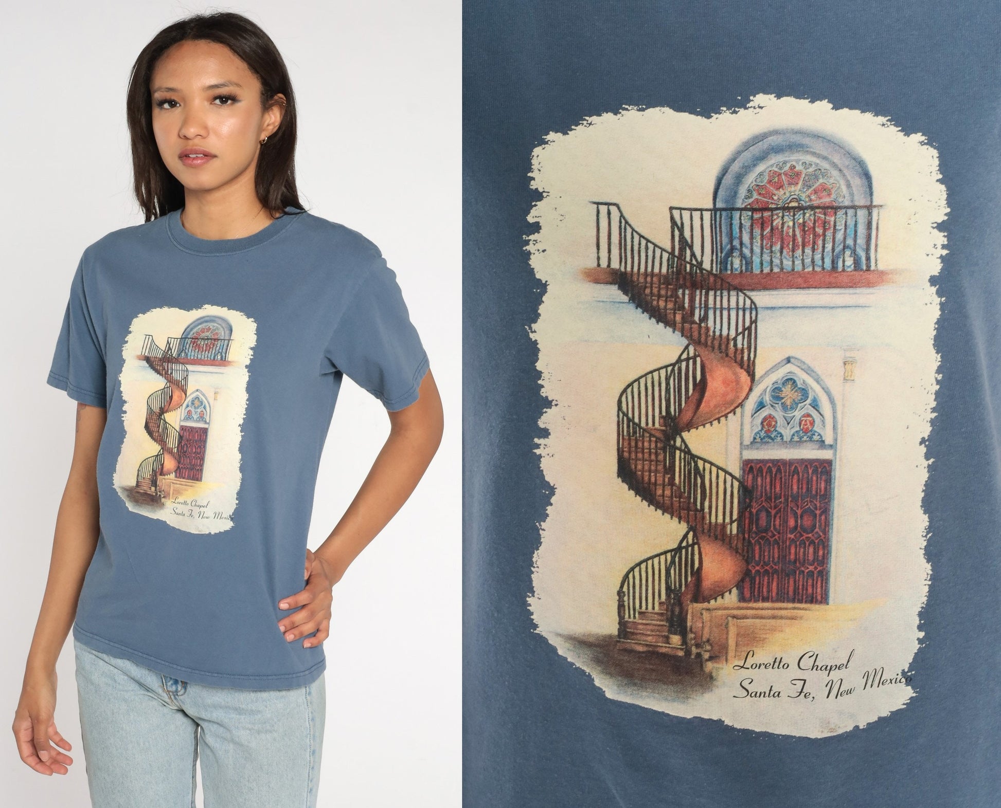 90s Loretto Chapel Santa Fe New Mexico Graphic T-Shirt Blue Small