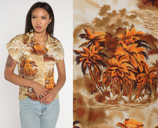 70s Hawaiian Shirt Palm Tree Mountain Print Brown Yellow Cap Sleeve Small