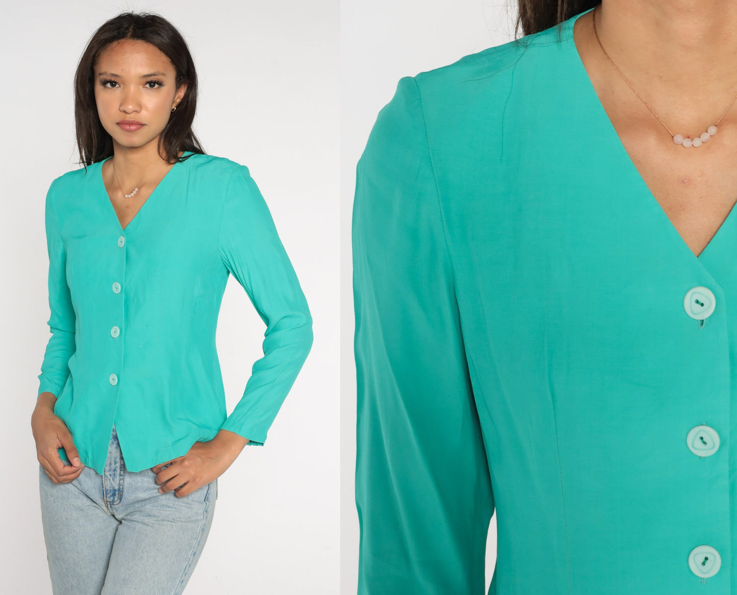 80s Turquoise Button-Up Blouse V-Neck Long Sleeve Shirt Small S
