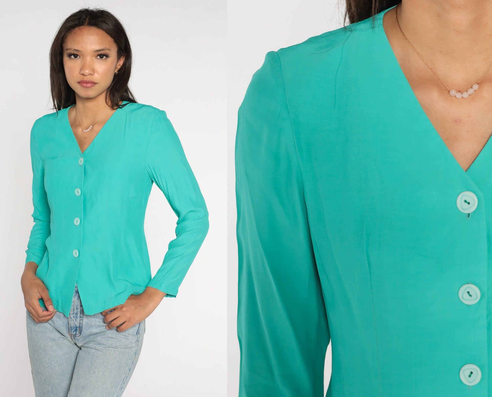 80s Turquoise Button-Up Blouse V-Neck Long Sleeve Shirt Small S