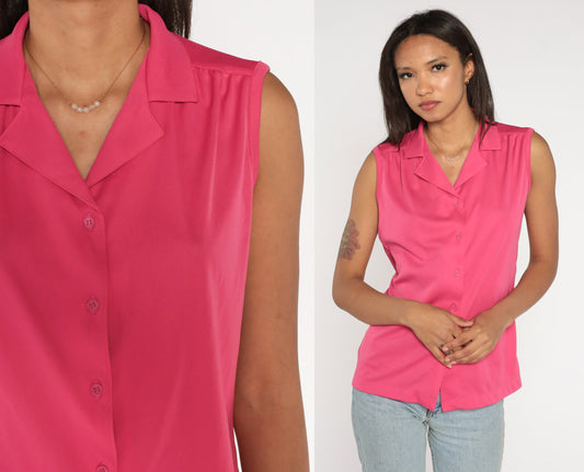 70s Bright Pink Collared Tank Top Button-Up Blouse Medium Large