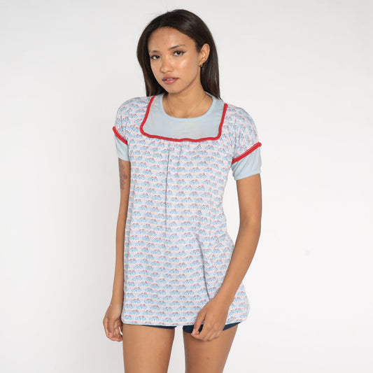 70s Bicycle Graphic Babydoll Tee Red White Blue Yoke Extra Small