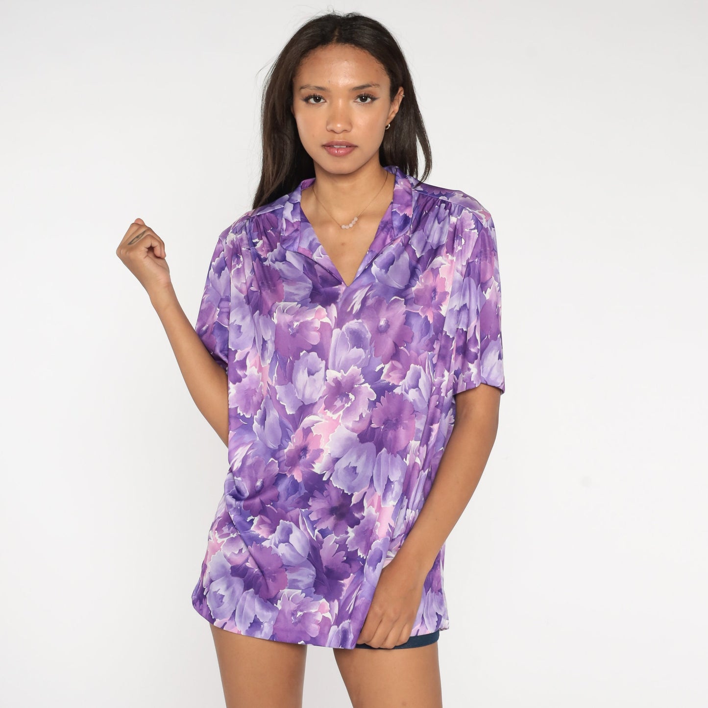 70s Purple Floral Tunic Blouse V Neck Short Sleeve Shirt Extra Large XL