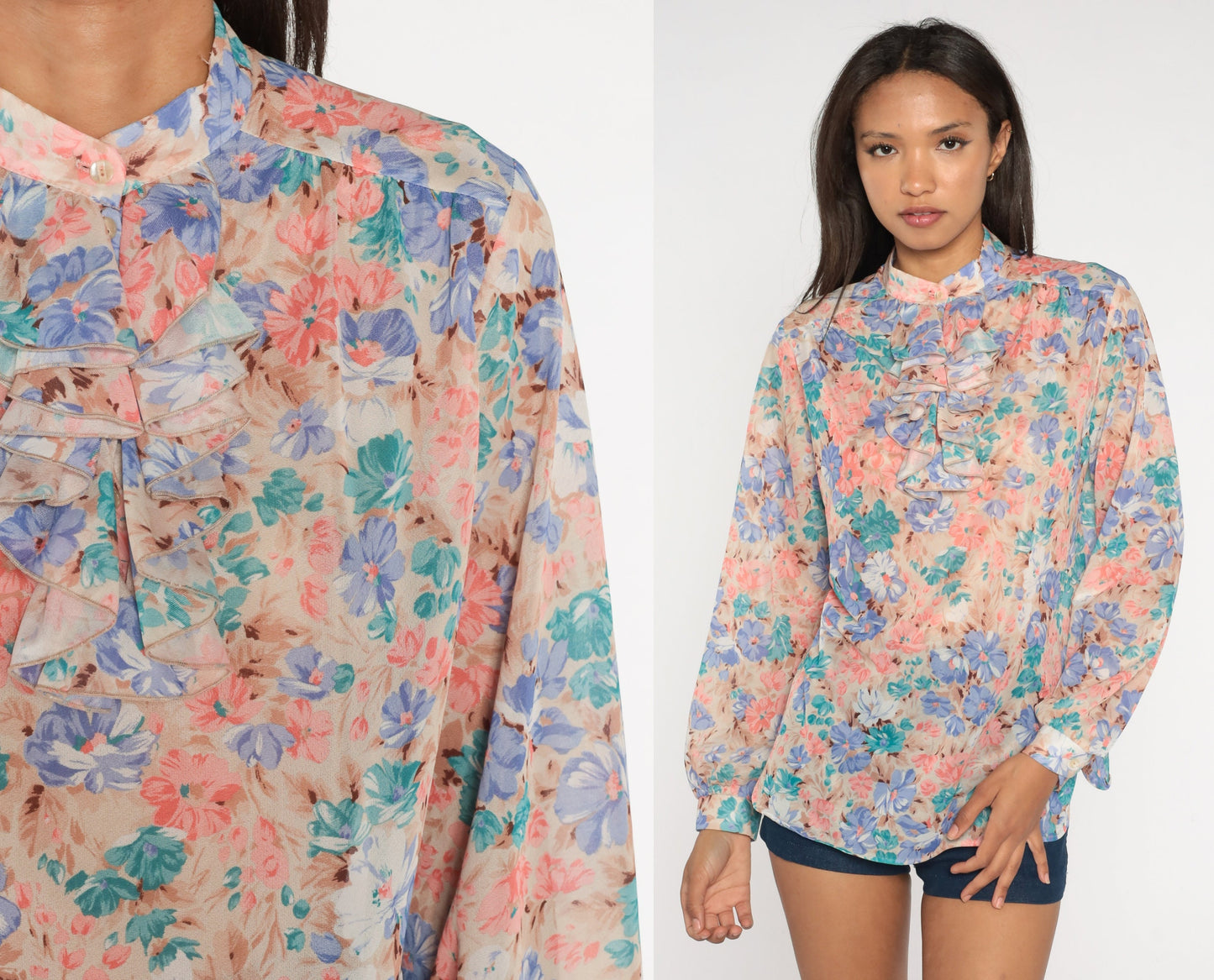 70s Floral Ruffle Tuxedo Blouse Pink Blue Button Up Long Sleeve Medium Large