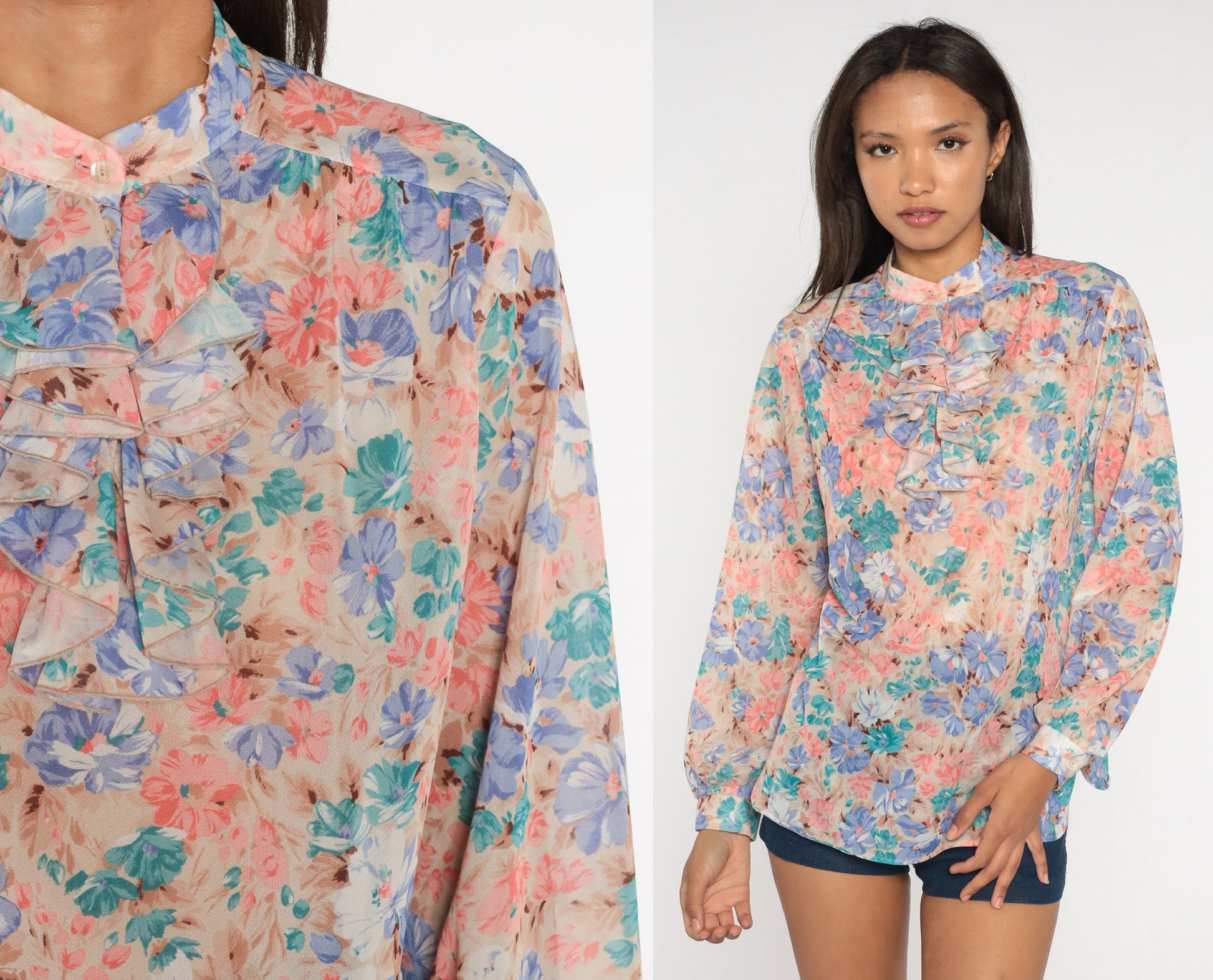70s Floral Ruffle Tuxedo Blouse Pink Blue Button Up Long Sleeve Medium Large