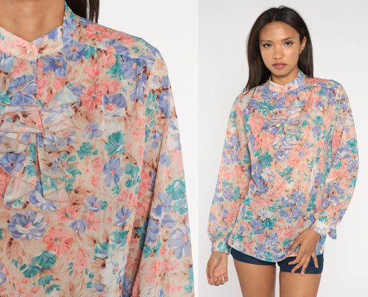 70s Floral Ruffle Tuxedo Blouse Pink Blue Button Up Long Sleeve Medium Large