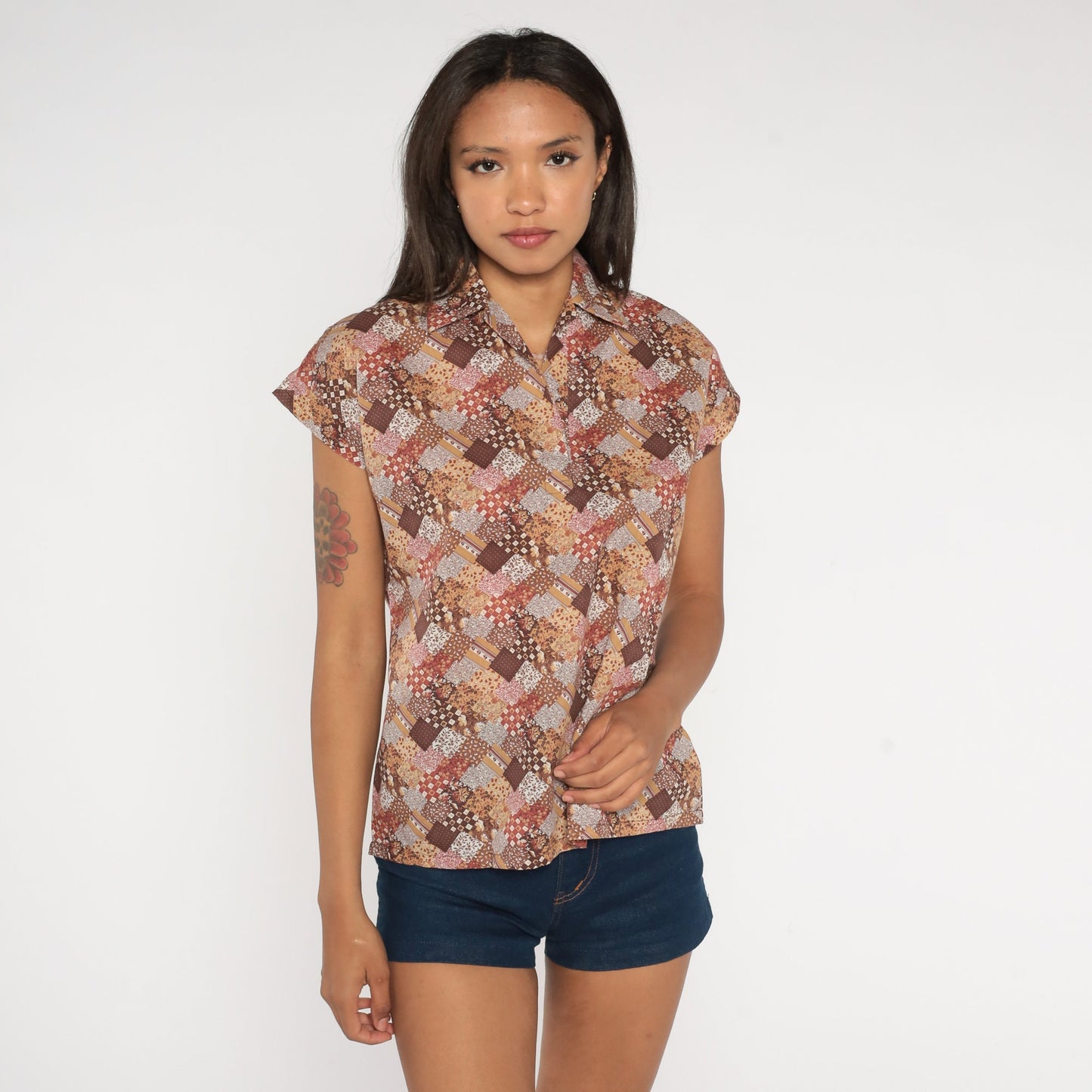 70s Floral Patchwork Blouse Brown Calico Print Tunic Short Sleeve Medium