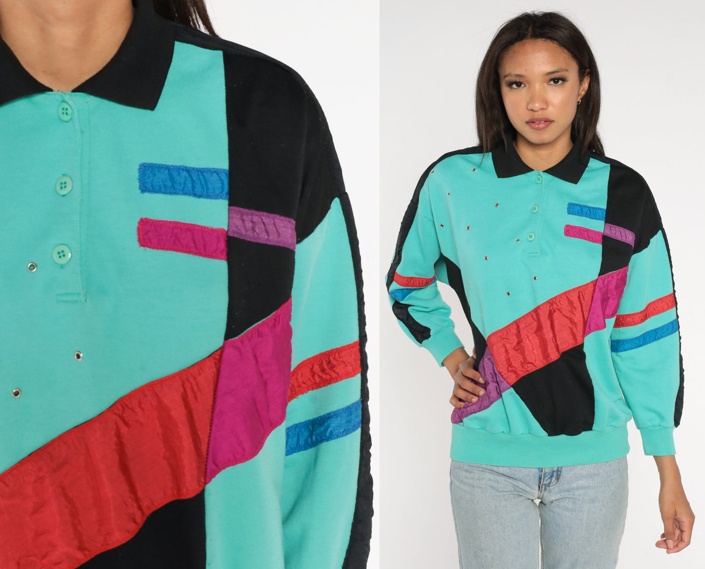 80s Adolfo Sport Color Block Sweatshirt Turquoise Striped Polo Rivets Medium